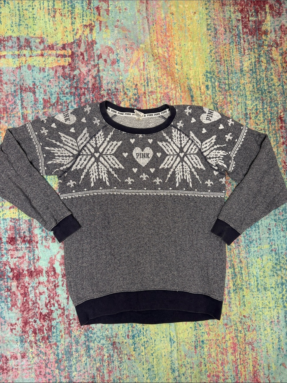 PINK Victoria's Secret Gray Fair Isle Crewneck Sweater with White Accents